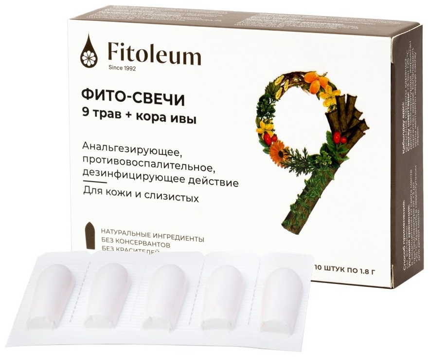 Fitoleum Фито-свечи 9 трав + кора ивы крем 10 шт