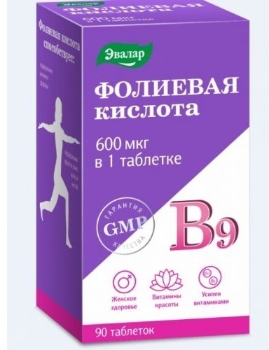Эвалар ЗАО Фолиевая кислота с В9 600 мкг таблетки 90 шт
